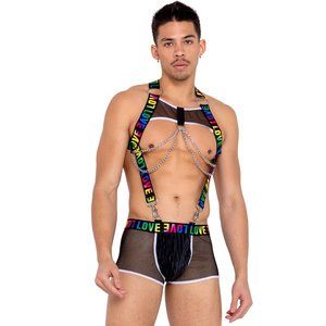 Rainbow LOVE Print Suspender Harness with Chains and Fishnet Trunks Set